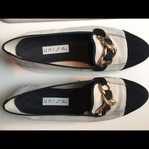 Unisa two-toned suede flats with brass chain trim